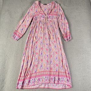Lance Cade Maxi Dress Womens Large Pink Floral Long Tassel Boho Prairie Cottage